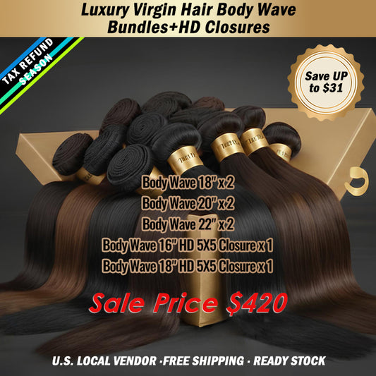 2026 Tax Refund Season Package Deal |8pcs Luxury Virgin Hair Body Wave Bundles + HD Closures $420 #1B Natural Black