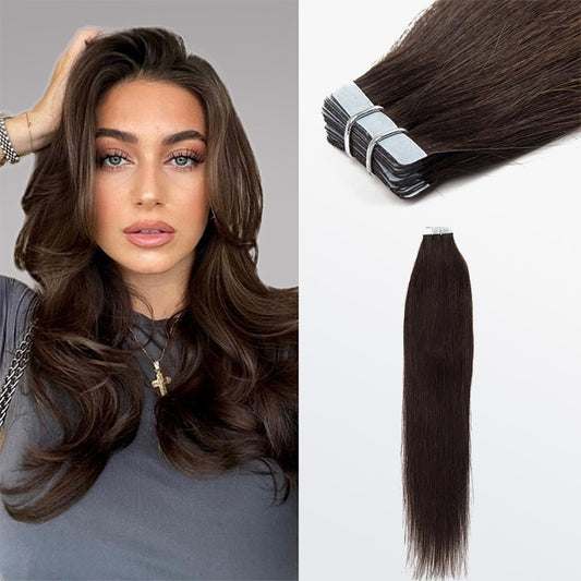 TedHair Premium Quality Straight Tape In Remy Hair Extensions #2 Darkest Brown