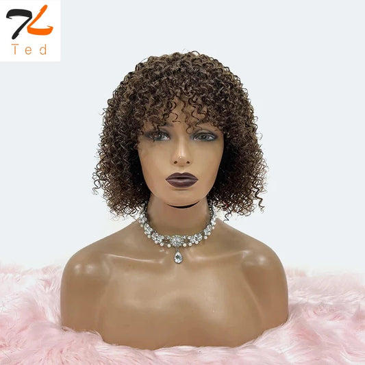 T TED 10 Inches Natural Chestnut Brown Curly Shag Glueless BOB Wig