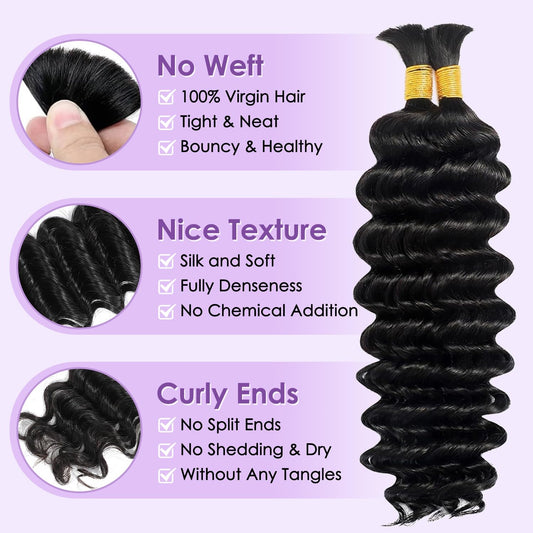 TedHair Deep Wave Bulk Hair For Braiding #1B Natural Black