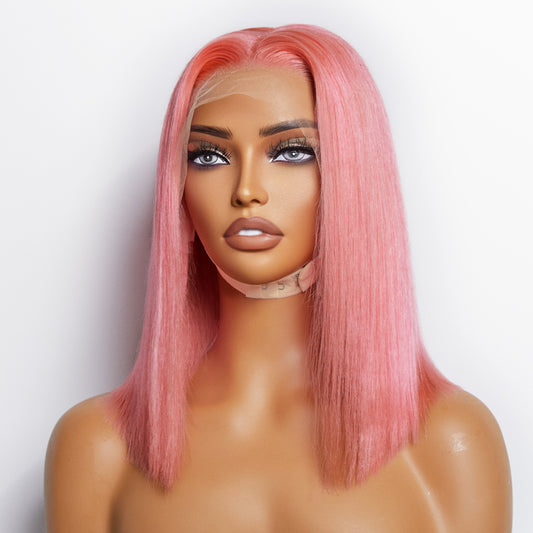 Tedhair 10 Inches & 14 Inches Pre-Plucked 13"x4" #Pink Straight Bob Lace Frontal Wig 150% Density-100% Human Hair