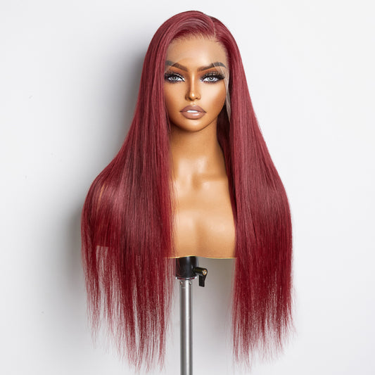 Tedhair 24 Inches Burgundy 13"x4" Lace Front Straight Wig Pre-Plucked Free Part 150% Density-100% Human Hair