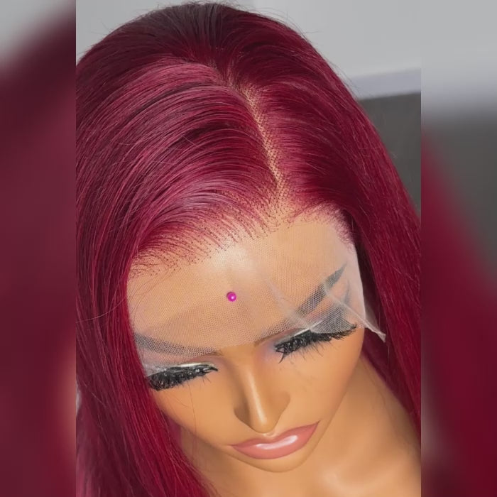 Tedhair 24 Inches Burgundy 13"x4" Lace Front Straight Wig Pre-Plucked Free Part 150% Density-100% Human Hair